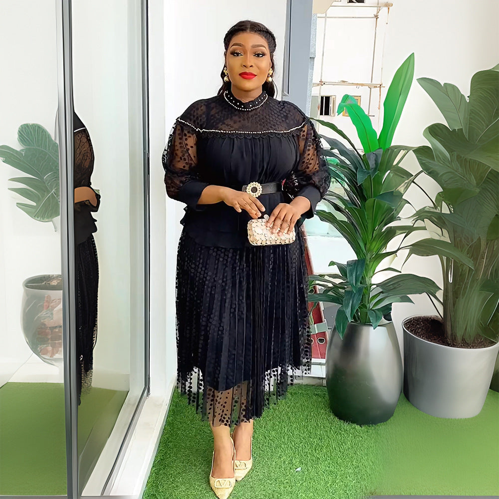 Aliexpress cross-border fashion: new european and american style plus size women's dress - african mesh lace trim, pearl embellished chiffon dress
