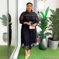 Aliexpress cross-border fashion: new european and american style plus size women's dress - african mesh lace trim, pearl embellished chiffon dress