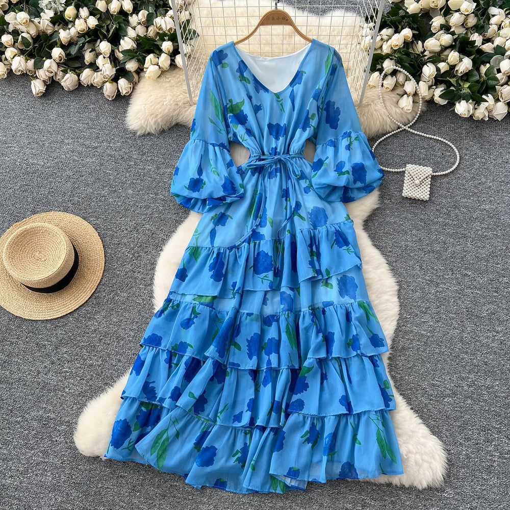 French round neck lantern sleeve drawstring waist printingdress women slimming lookeleganteleganceruffles chiffon long skirt