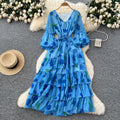 French round neck lantern sleeve drawstring waist printingdress women slimming lookeleganteleganceruffles chiffon long skirt