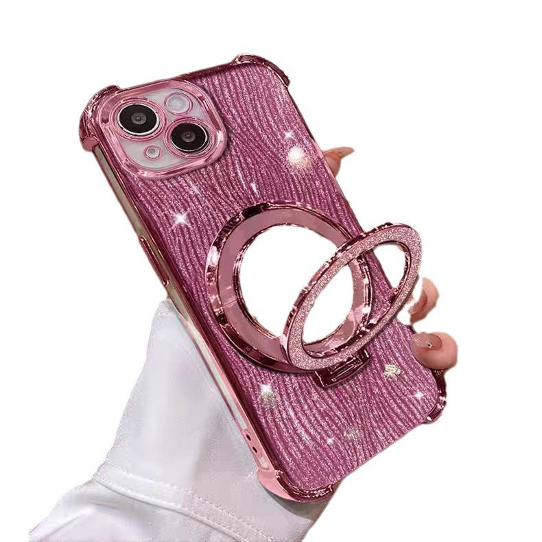 Suitable for apple 17pro mobile phone case, four-corner water ripple glitter mirror magnetic holder iphone16 protective cover