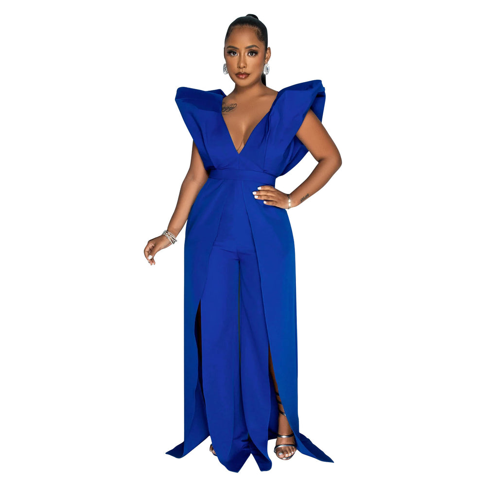 C6805 cross-border   fashion women's solid color sexy v-neck ruched long pants jumpsuit