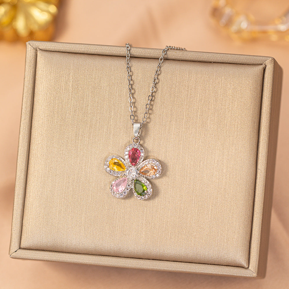 [titanium steel] fashion full diamond copper inlaid zirconium five-petal flower necklace for women, non-fading niche classy simple clavicle chain