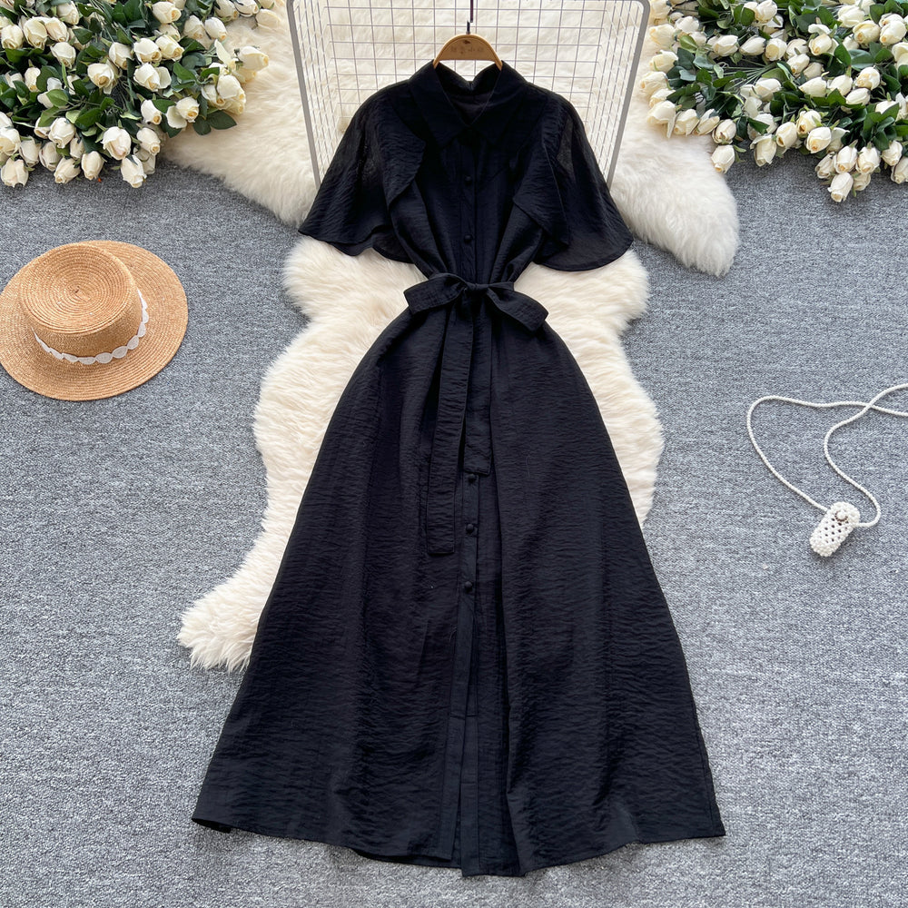 Sense of designniche style shawl patchwork lapel single breasted waist dress female summerfrenchslimming lookelegant long skirt
