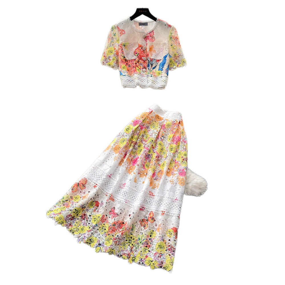 French chic lace print two-piece set: women's summer short-sleeve, designer-inspired, age-defying, slimming, and commute-friendly skirt suit