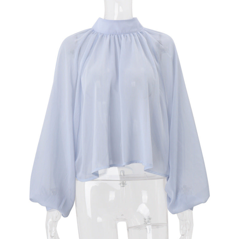 Amazon women's clothing  summer new round neck pullover loose see-through chiffon lantern sleeve long sleeves t-shirt tops