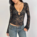 European and american export women's clothing  new fashion low-cut long sleeve t-shirt sexy lace see-through versatile top wholesale