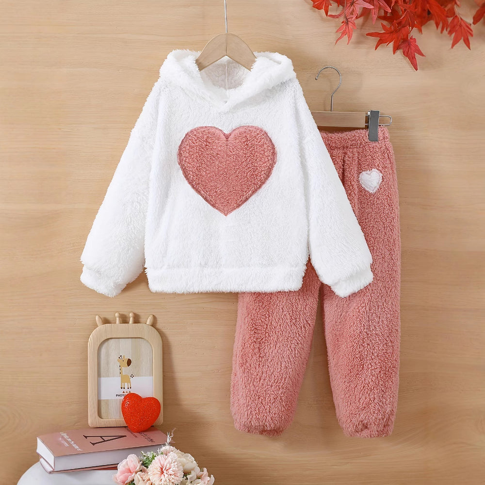 autumn/winter girls' fleece sweatshirt set - heart pattern crew neck long sleeve top - kids' warm loungewear