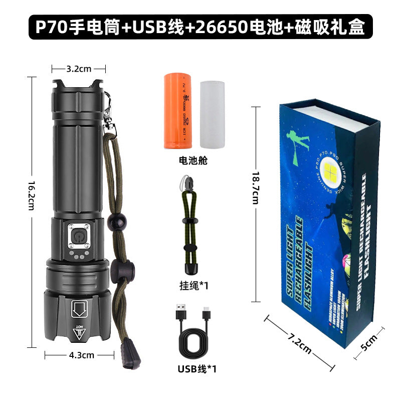 Cross-border special P70 flashlight super bright led aluminum alloy zoom electric display flashlight outdoor multi-function flashlight