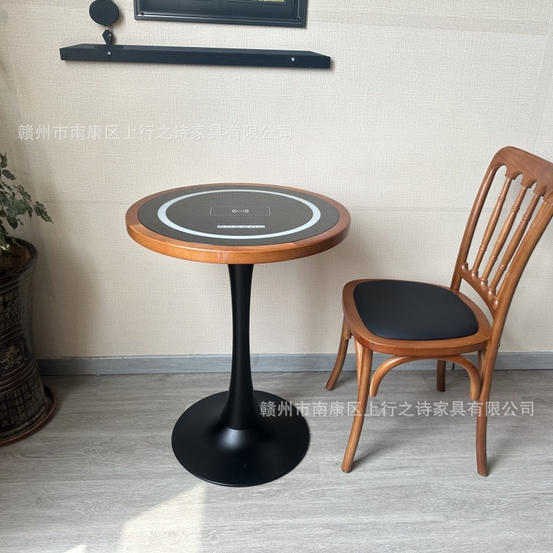 Hotel negotiation table retro dining table with wireless charging bluetooth audio all solid wood desktop small round table desk