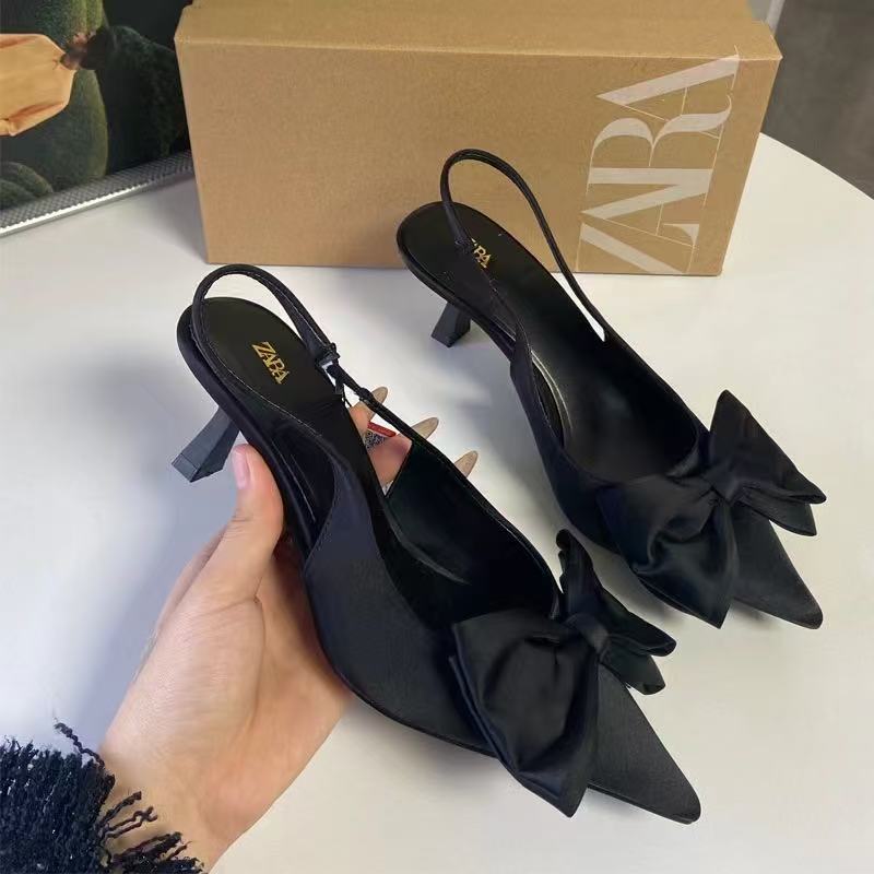 Za new 2024 spring low heel women's shoes - black stiletto pointed toe pumps with bow detail, open back fashion sandals