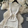 Qianjin wind sleeveless knittingelegantdress women's summer k-style round neck ruffles waist slimmingelegant long skirt