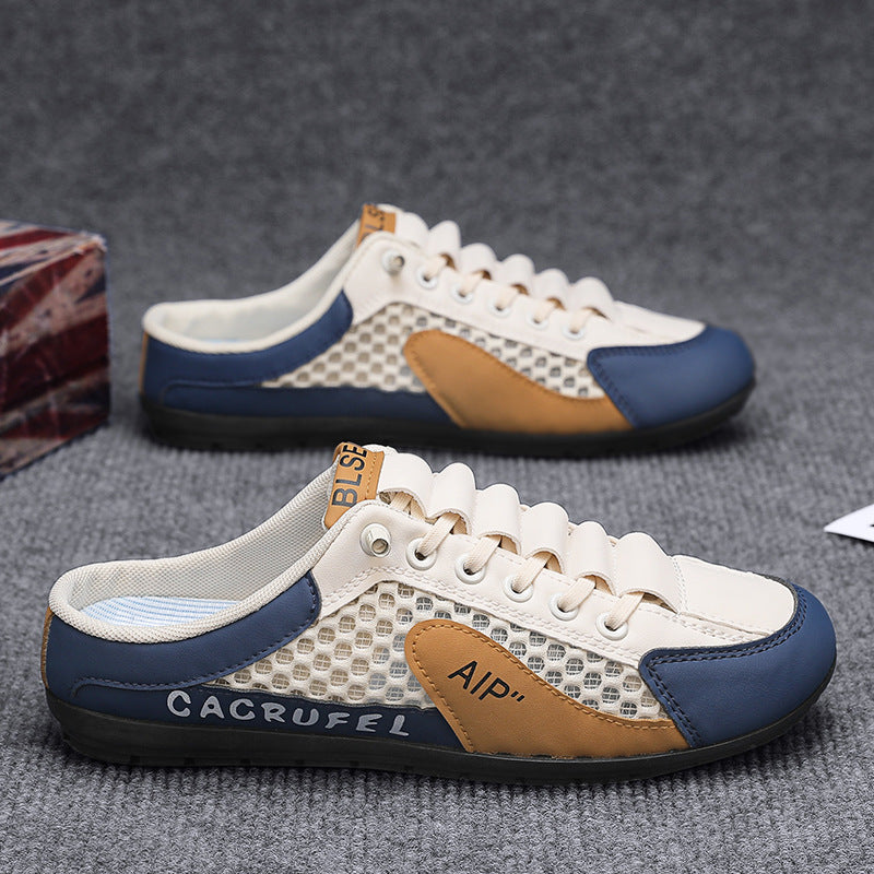 Men's summer breathable mesh casual slippers, anti-odor mesh shoes, slip-on soft sole half slippers, men's skate shoes, trendy shoes