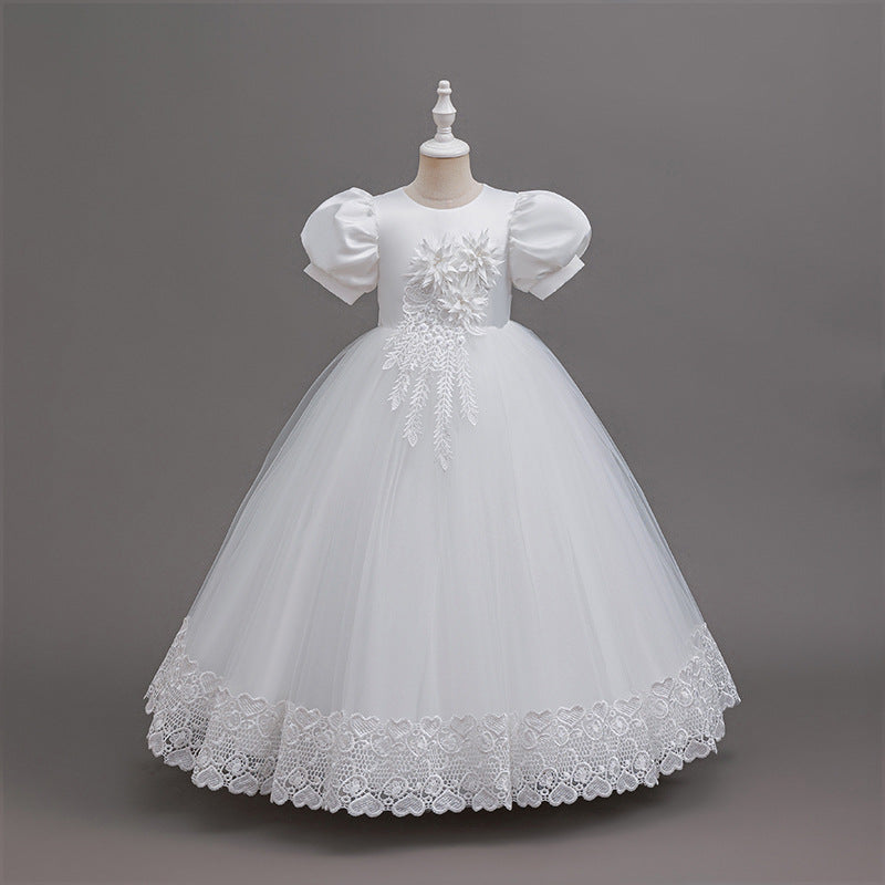 Girls' formal dress with lace trim and mesh overlay, flower girl princess dress, children's piano performance outfit, cross-border ready stock wholesale