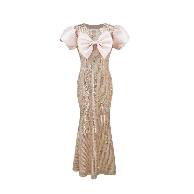 Custom european and american children's formal dresses, new  collection: sequined, slim-fit, bow-tie, host/performance outfit with puff sleeves - cross-border e-commerce