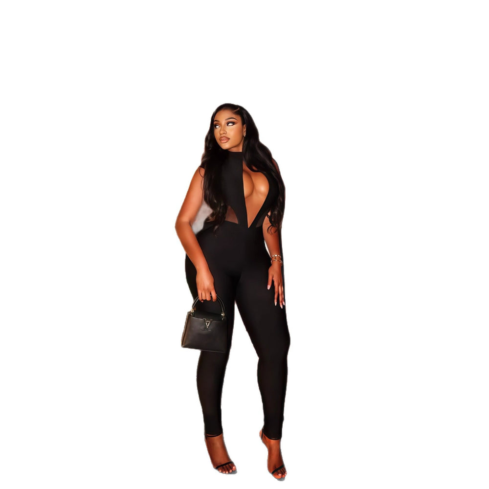 European and american cross-border women's fashion:  autumn new arrival - solid color sleeveless halter neck sexy backless bodycon long jumpsuit