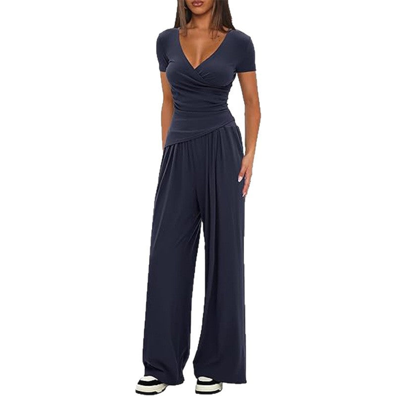 Amazon cross-border pure color 2-piece casualsuit warp knitted v neck short-sleeved loose pantscasualmatching sports suit