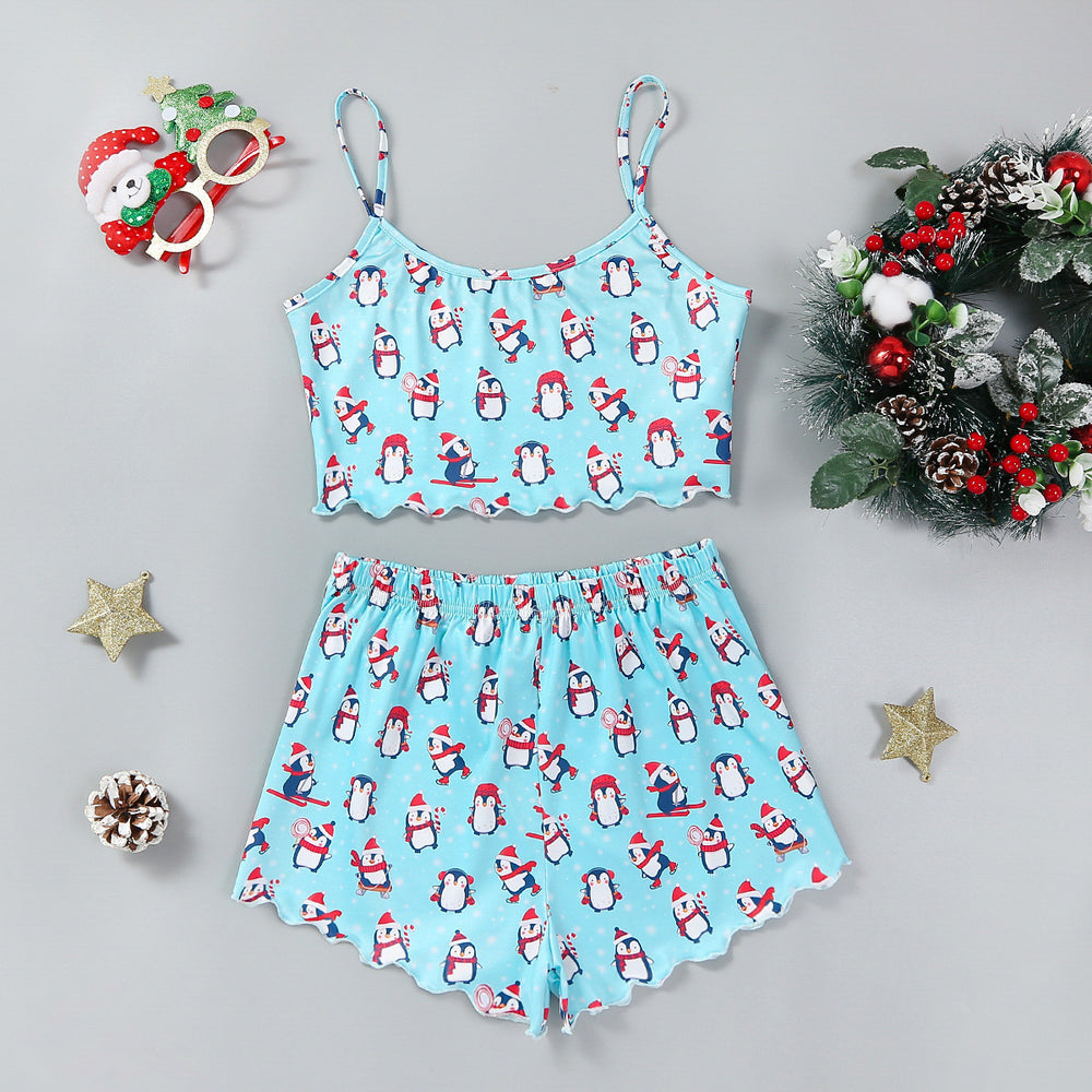 hot-selling christmas european and american style thin pajamas simple printed suspender milk silk shorts sexy two-piece set