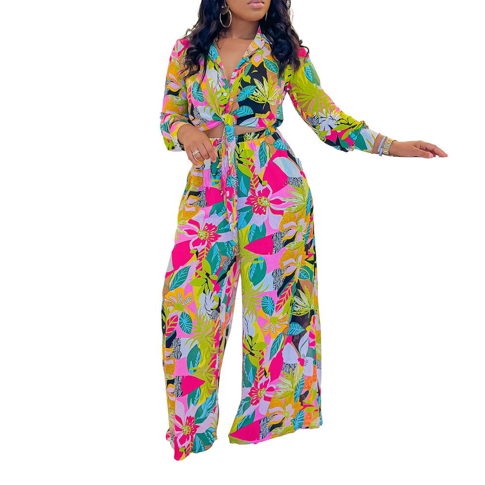 D3274 women's foreign trade  new fashion printed two-piece set: turn-down collar tie-front shirt and wide-leg pants set
