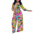 D3274 women's foreign trade  new fashion printed two-piece set: turn-down collar tie-front shirt and wide-leg pants set
