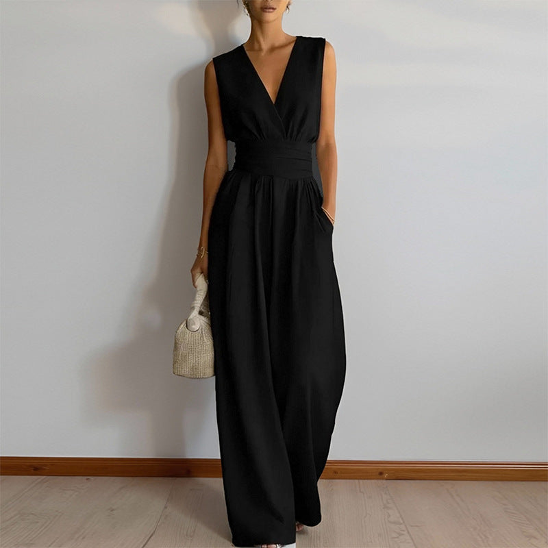 cross-border european and american women's clothing: new summer fashion, elegant commute style, solid color, cinched waist, wide leg jumpsuit