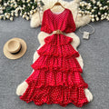 French red polka dot a-line dress - high waist, slimming, tiered cake skirt, elegant workwear maxi dress