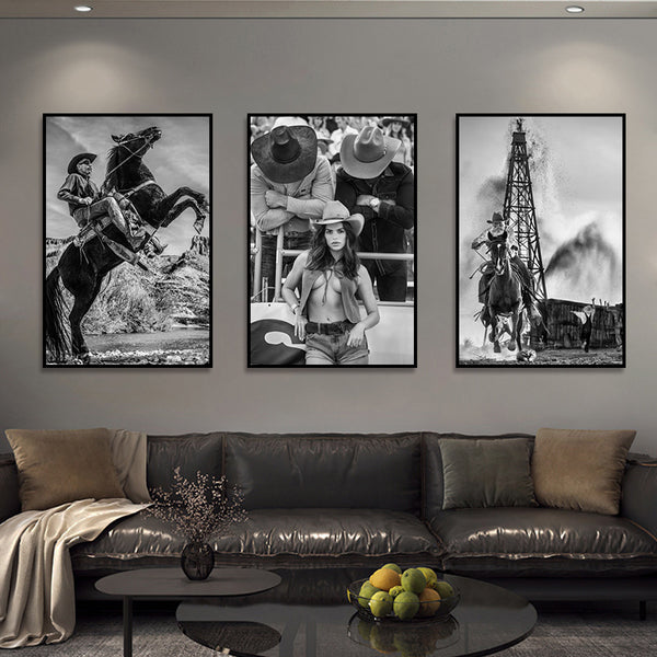 Western cowboy bullfight decorative painting black and white industrial style tavern bar hanging painting American retro cafe mural