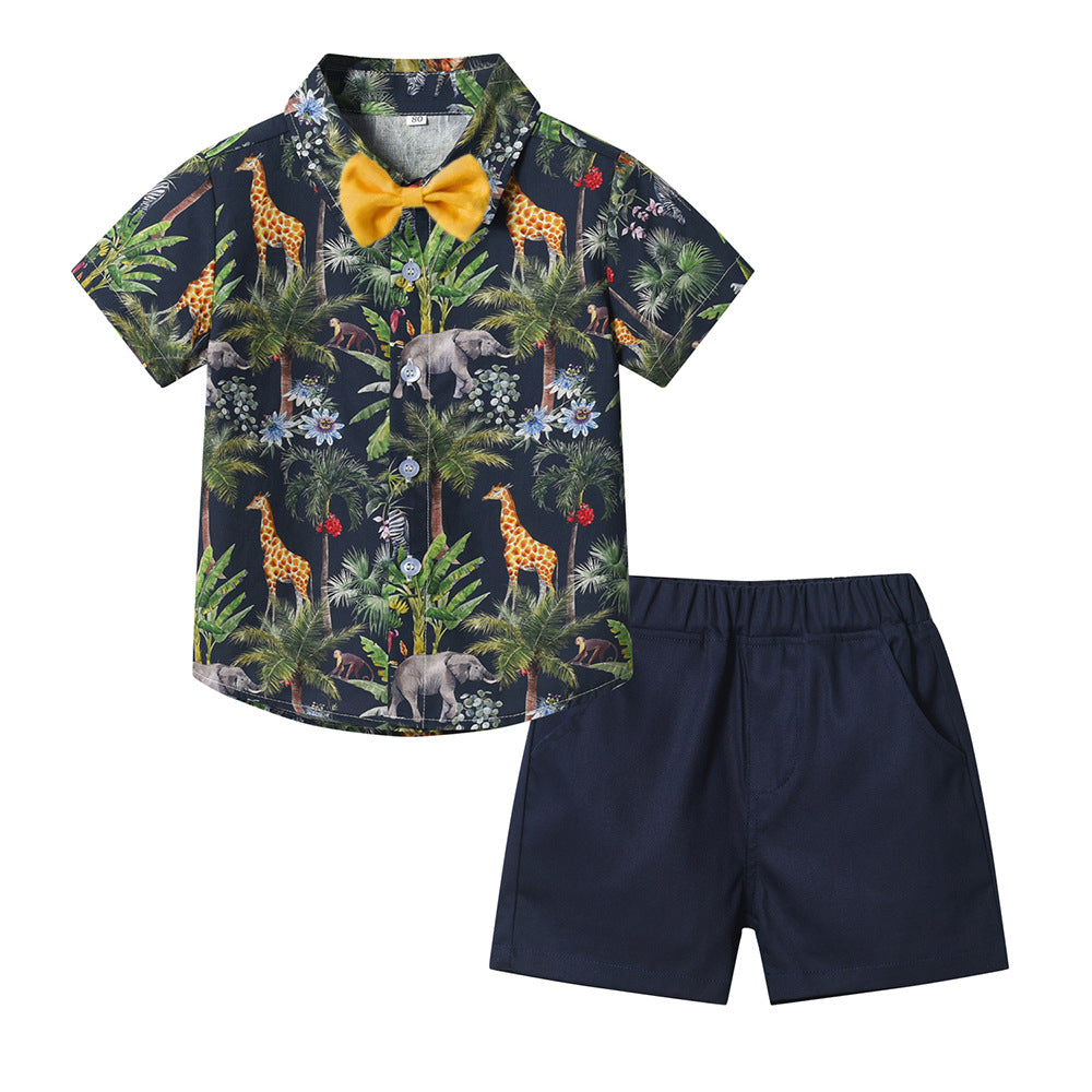 European and american style baby summer overalls set - new fashionable boys' summer lightweight short-sleeve two-piece outfit