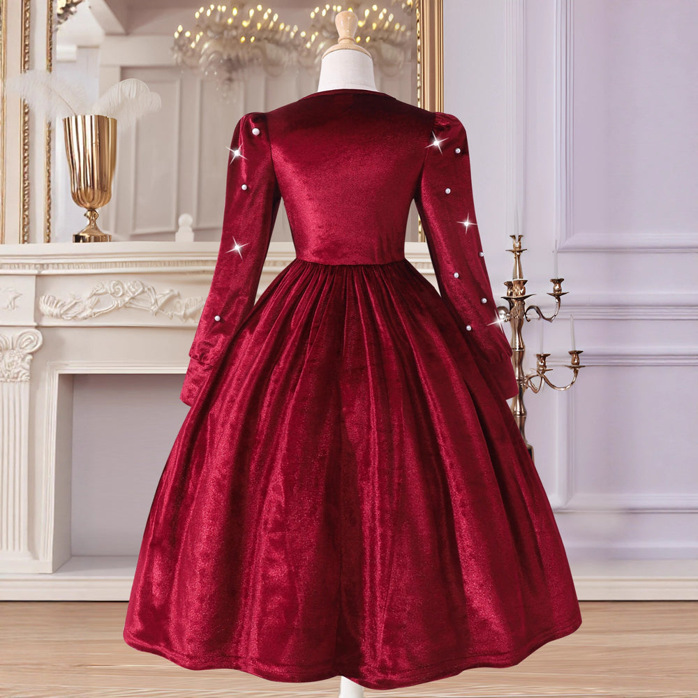 Girls' (tall) dress, pearl-embellished hollow-out round neck puff sleeve high-waisted dress