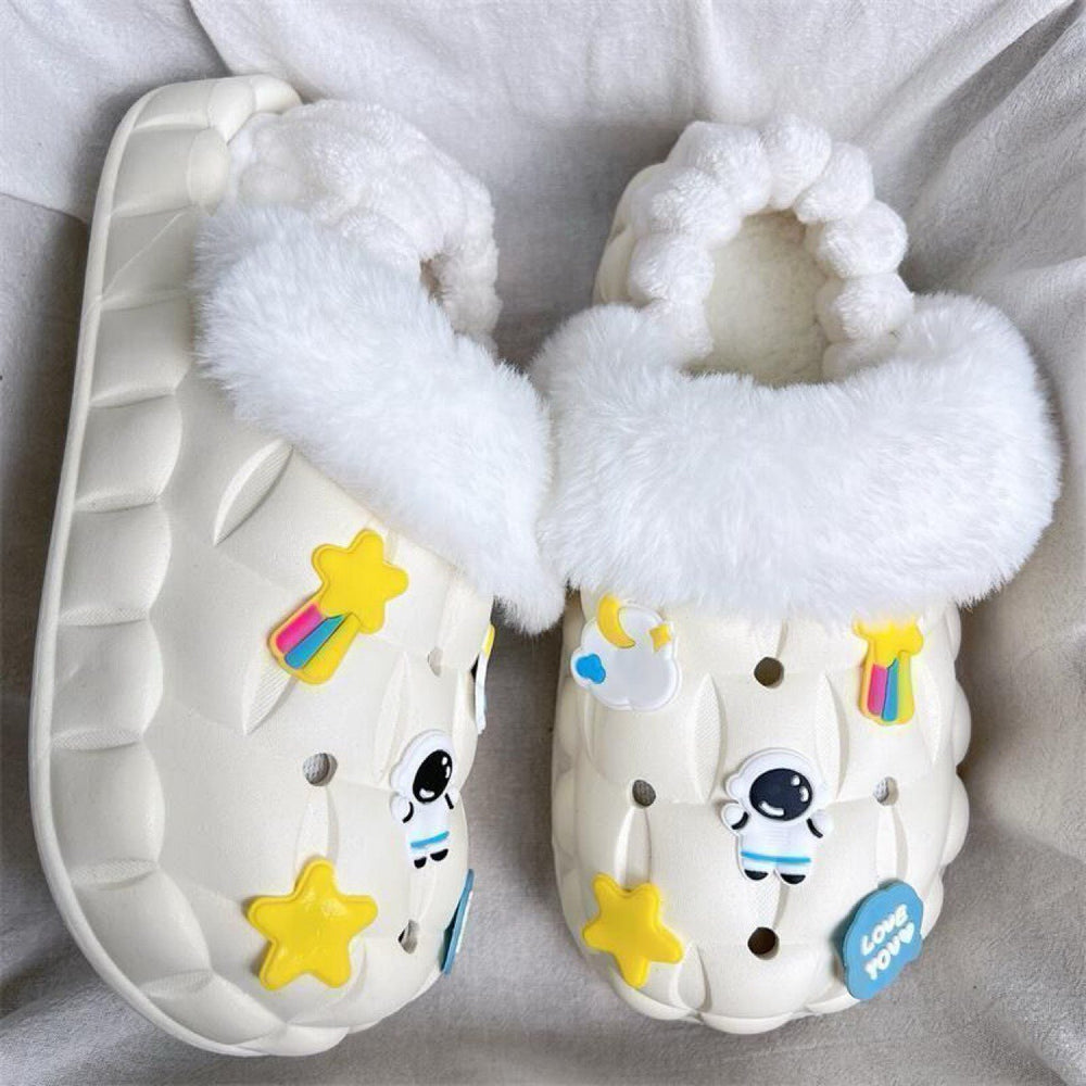 2025 cotton slippers - removable & washable, women's winter home & outdoor wear, thick sole, closed heel, fleece-lined, cartoon design, warm & cozy