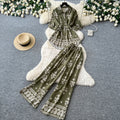 Commuting style printing lapel casualtwo-piece set women's summerretrolong sleeves waist slimming lookeasiest for matchelegantsuit