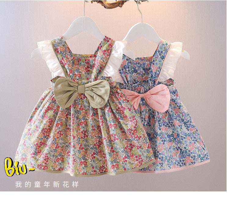 summer new arrival: girls' floral cotton dress with back bow and lace trim, featuring lace sleeves