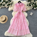 French chic socialite beaded pocket short sleeve dress - women's cinched waist elegant crochet embroidery mesh maxi dress