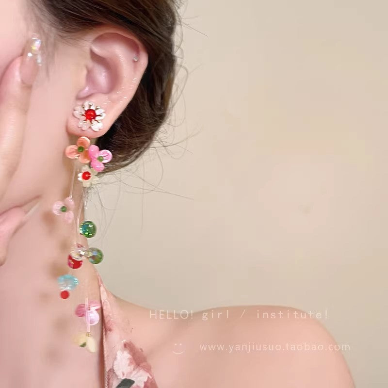 Sakura renewal ~ suitable for spring colorful tassel flower earrings for women, high-end earrings, beautiful dopamine earrings