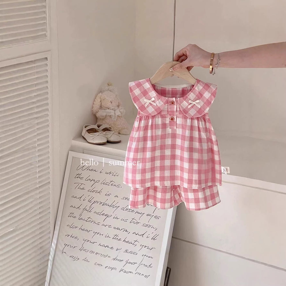 【dropshipping】baby girl summer outfit set - lightweight princess style plaid tank top and shorts set for toddlers