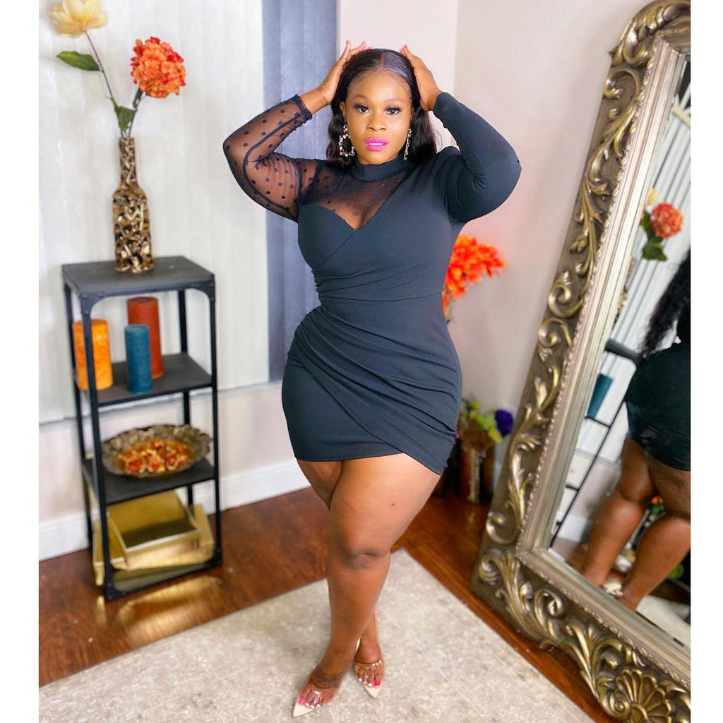 CY1629 Europe, America,   supply Sexy semi-turtleneck perspective large size irregular hip-wrapped dress women