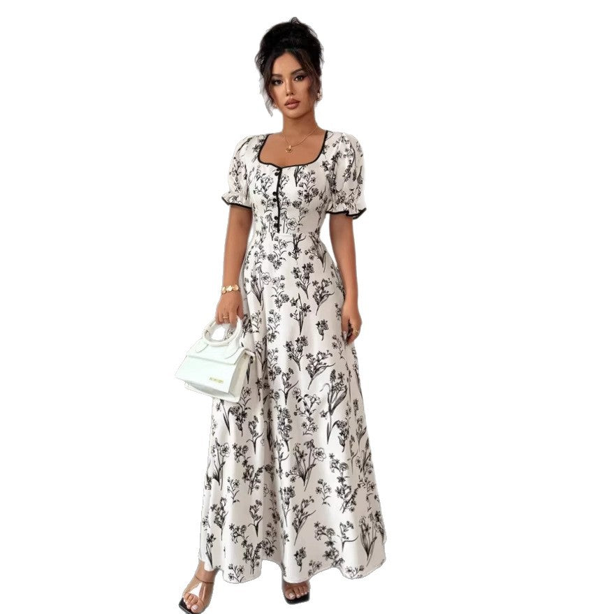 new french-style printed midi dress with cinched waist