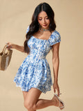 european and american cross-border new arrival: elegant floral print ruffle-trimmed short-sleeve women's dress