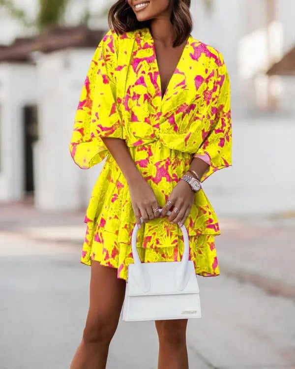 2023 new autumn v-neck loose batwing sleeve printed dress for women - perfect for independent stores, wish, and amazon