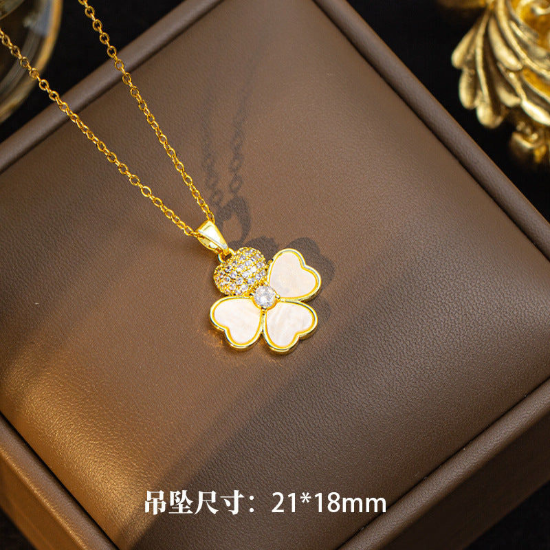 [titanium steel] hot-selling diamond necklace for women, white shell four-leaf clover pendant earrings, new high-end earrings, clavicle chain