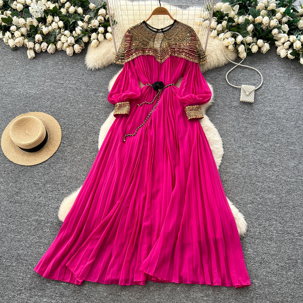 French-style heavy embroidery beaded sequin mesh patchwork lantern sleeve tie-waist pleated maxi dress - women's high-end long dress