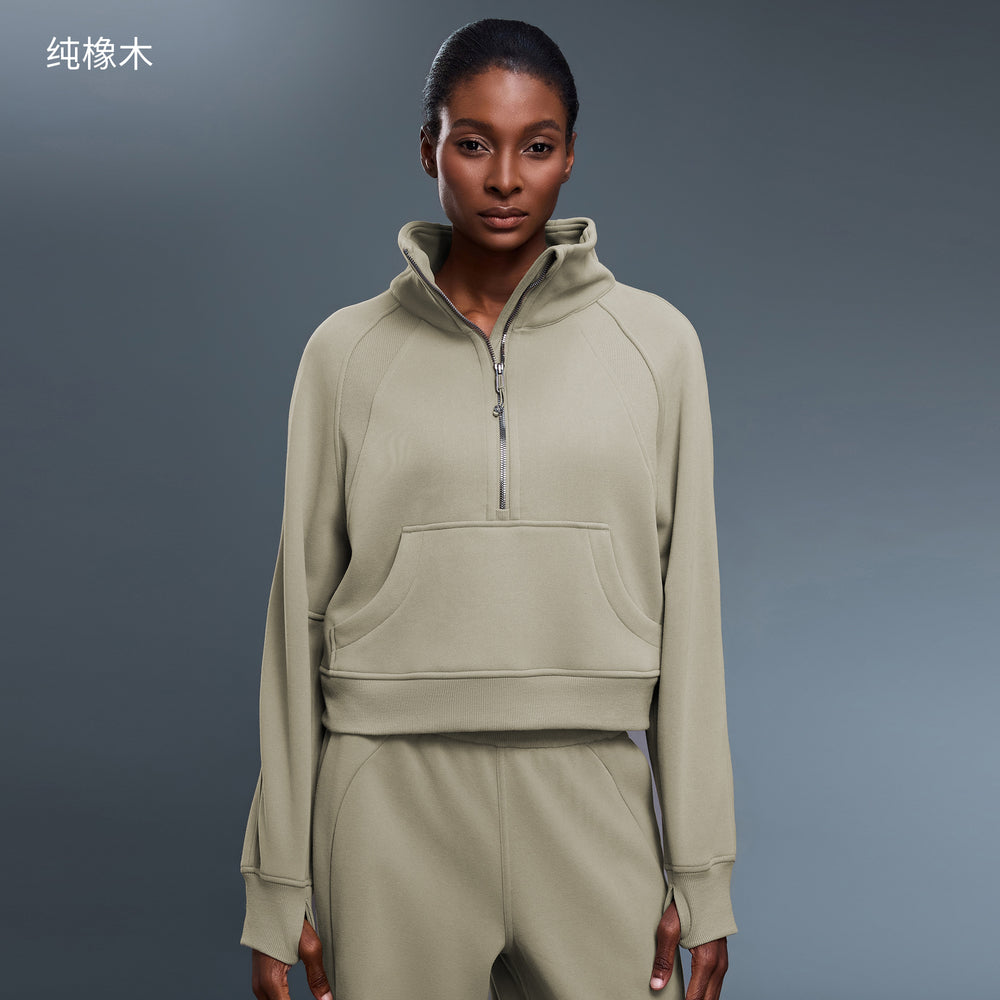 Women's fleece-lined half-zip high neck pullover sweatshirt - autumn/winter warm outerwear top - d25131