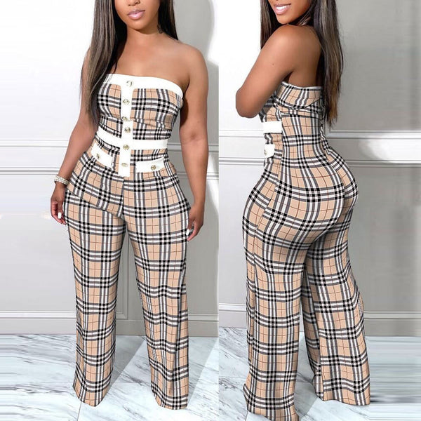 ZQS10326 Hot Sale European and American Sexy, Plaid, Chest Wrap, Printed Jumpsuit, Nightclub Dress