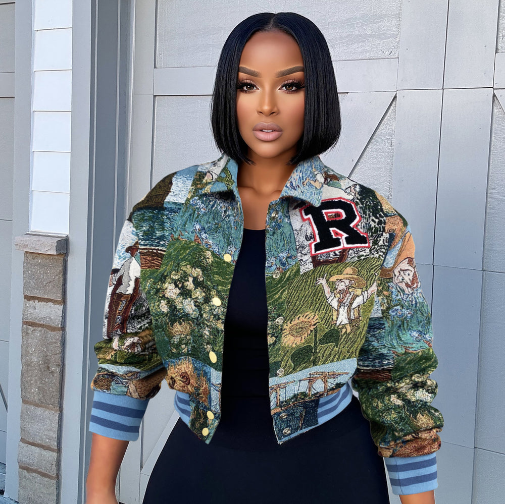Women's retro print baseball jacket - new autumn/winter collection, loose fit, cropped outerwear, hot-selling cross-border export style