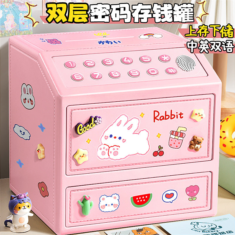 New trendy kids' double-layer piggy bank safe - deposit & withdrawal, password & fingerprint simulation, savings toy for boys & girls