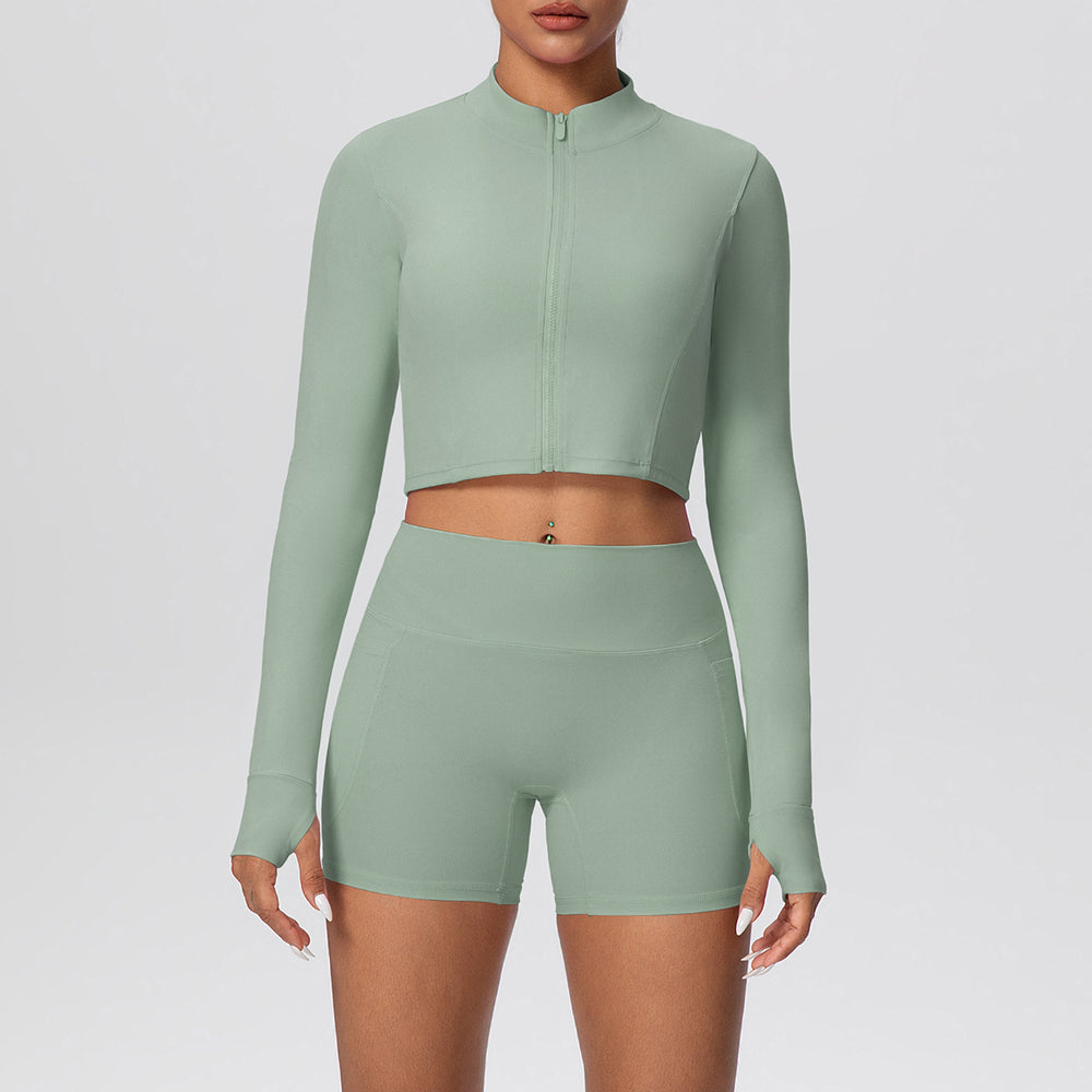 Cloud-feel outerwear short zip-up jacket with butt-lifting pocket shorts, a form-fitting activewear yoga set for women, perfect for running and fitness