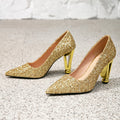 Women's gold high heels - party shoes with unique heel design, fashionable pointed-toe stilettos, sexy women's footwear