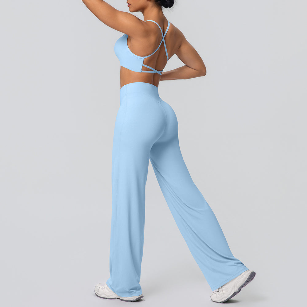 New arrival: cross-border brushed backless sports bra & breathable long-sleeve wide-leg yoga set - two-piece running & fitness outfit