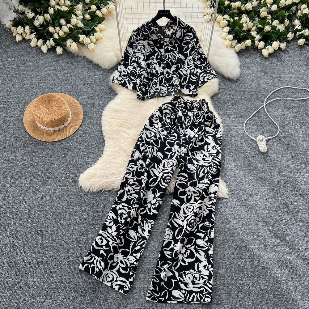 Salt style light mature style suit women's fashioneasiest for matchlooseshortprintingshirt+high waistslimming lookloosecasual pants