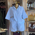 European and american cross-border women's fashion:  autumn new collection - stylish turn-down collar striped short-sleeve shirt and wide-leg shorts casual set